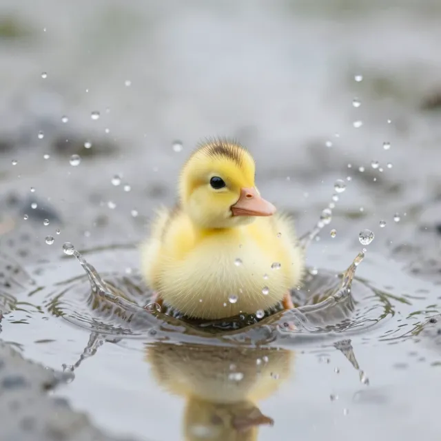 Tiny yellow duckling splashing in a rain puddle with water droplets around it