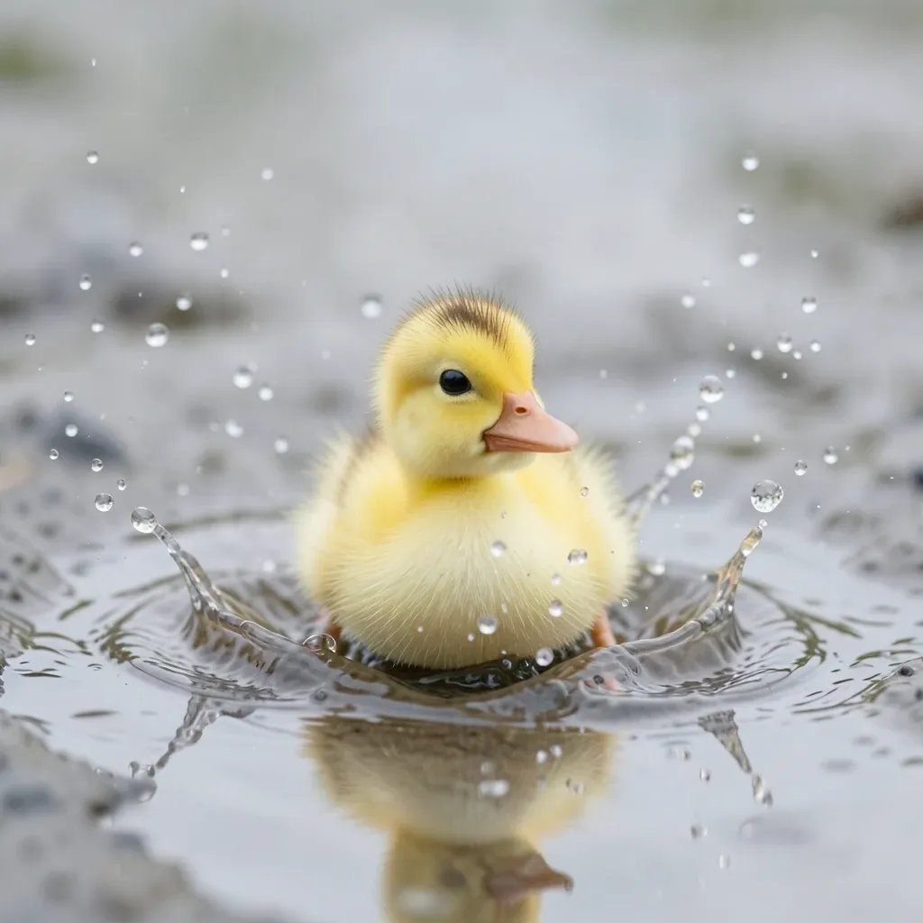 Tiny yellow duckling splashing in a rain puddle with water droplets around it