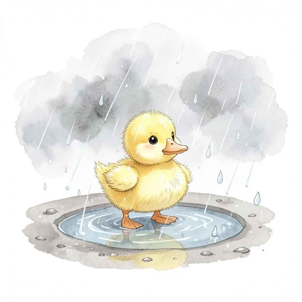 Tiny yellow duckling standing in a puddle with raindrops falling around in soft watercolor style