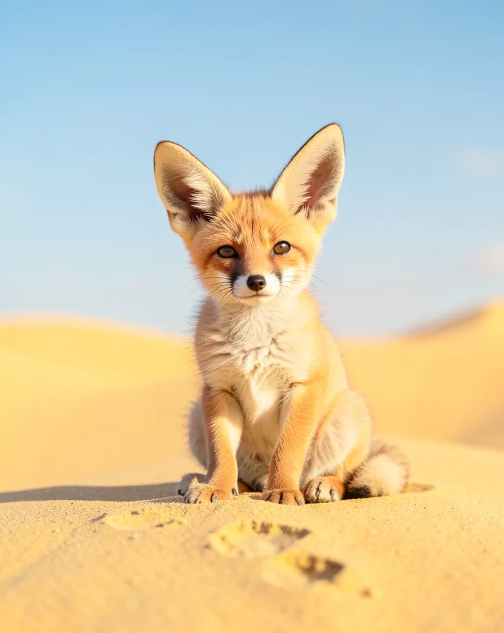 Small fennec fox with oversized ears sitting on golden sand dunes under a soft blue sky