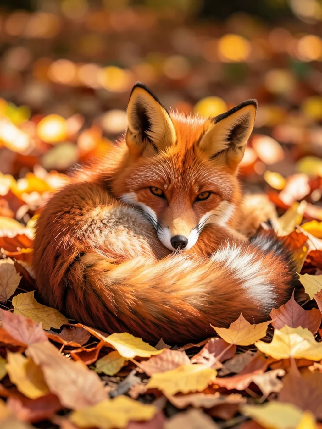 Cute red fox curled among orange and yellow autumn leaves with bushy tail wrapped around body