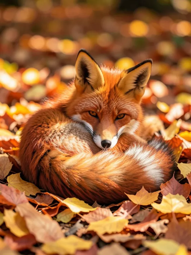 Cute red fox curled among orange and yellow autumn leaves with bushy tail wrapped around body