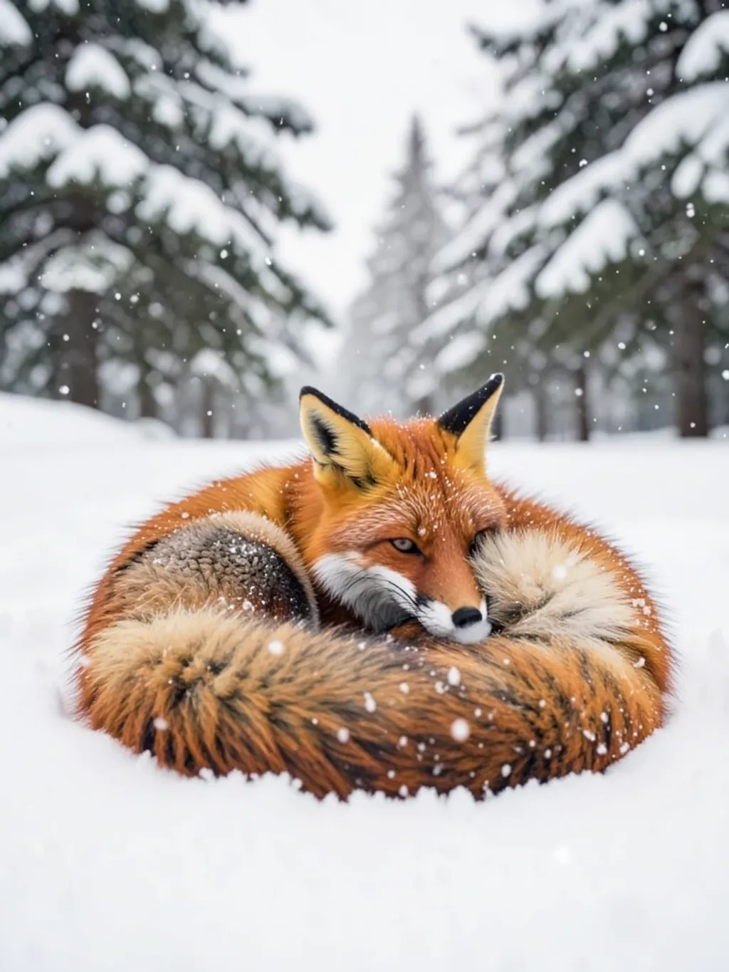 Fluffy red fox curled up in fresh white snow with gentle snowflakes and pine trees in background