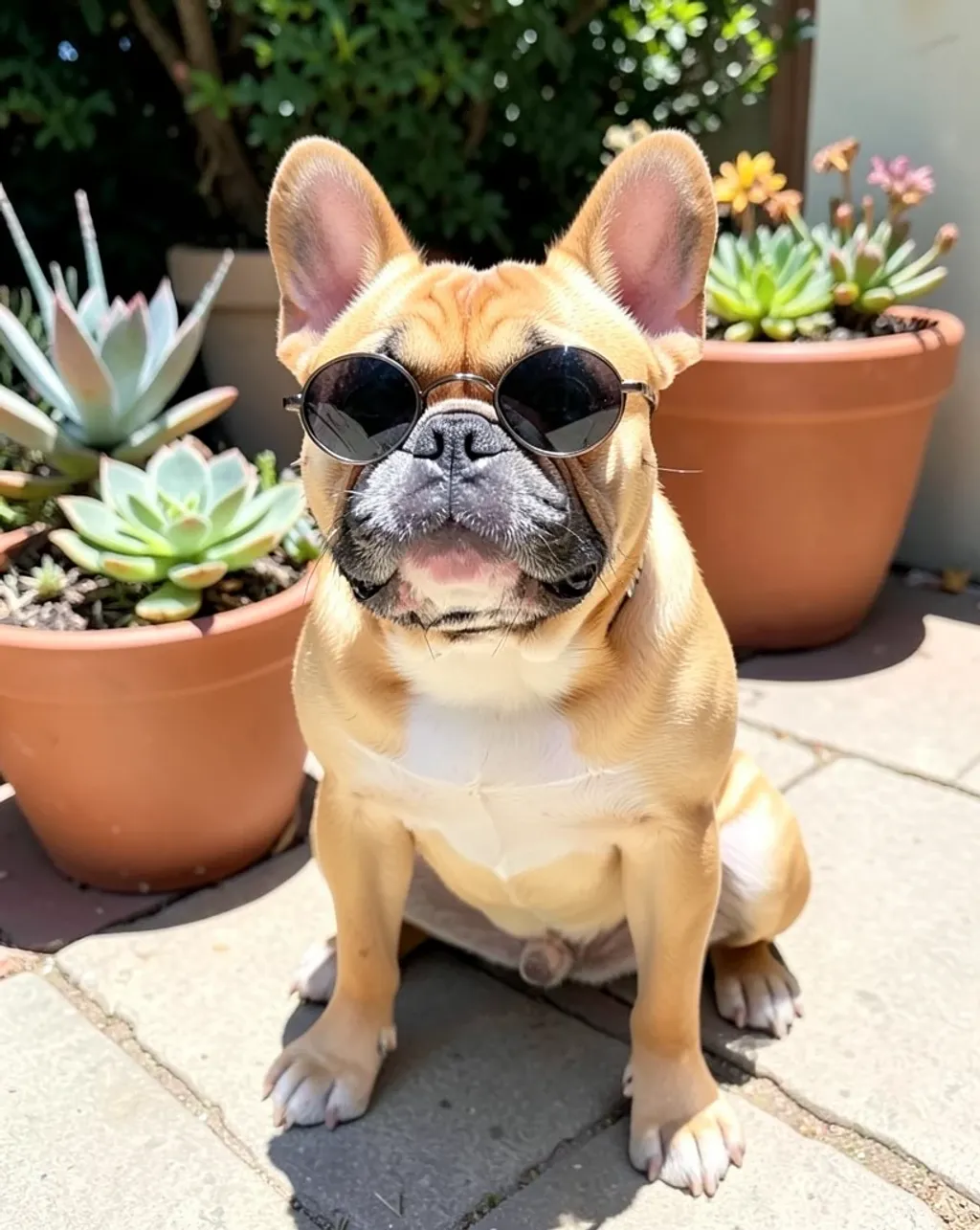 Cute fawn French bulldog wearing round sunglasses on a sunny patio with potted succulents