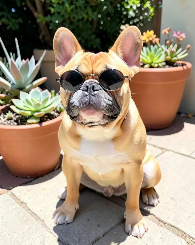 Cute fawn French bulldog wearing round sunglasses on a sunny patio with potted succulents