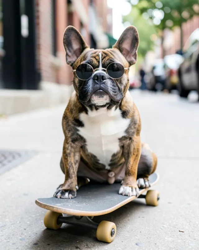 Brindle French bulldog sitting on a skateboard wearing tiny round sunglasses on an urban sidewalk