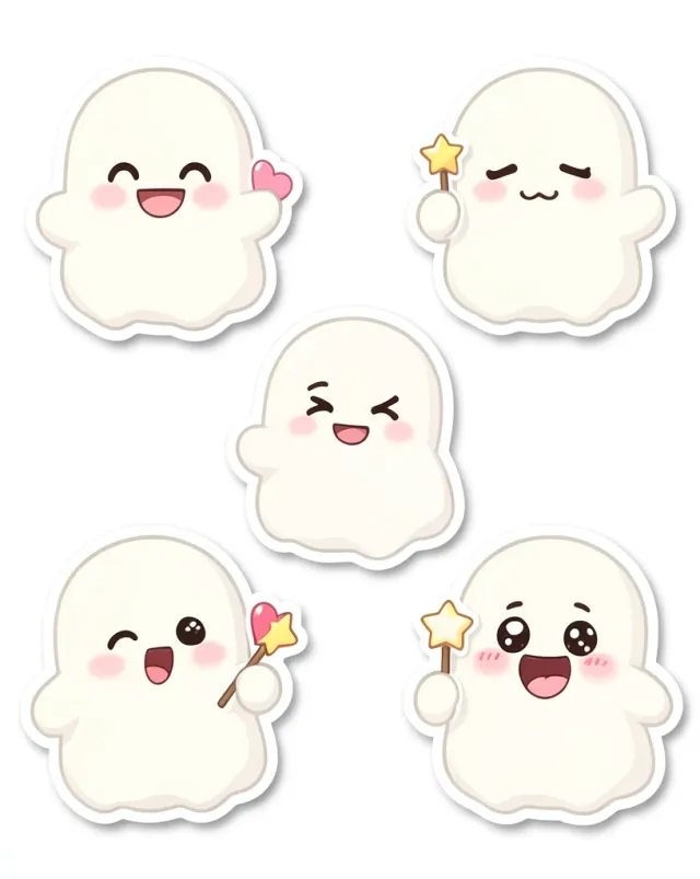 Sheet of six rounded white cartoon ghosts with different faces and tiny props, thick die-cut sticker borders