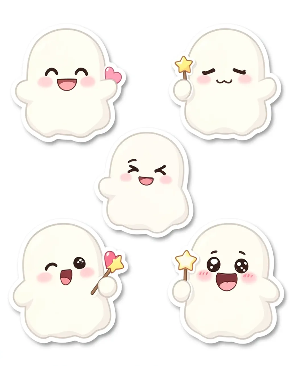 Sheet of six rounded white cartoon ghosts with different faces and tiny props, thick die-cut sticker borders