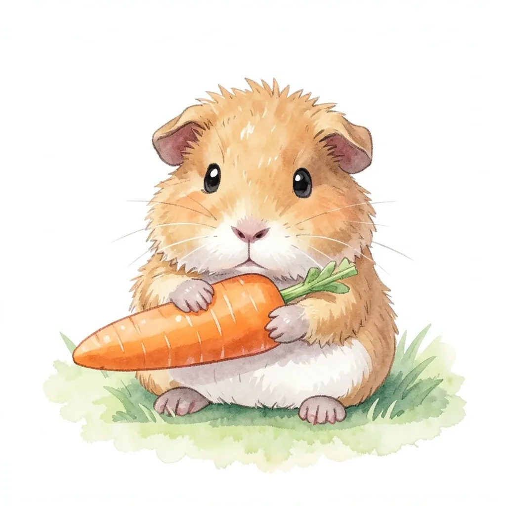 Fluffy guinea pig sitting on grass holding a large orange carrot in tiny paws in watercolor style