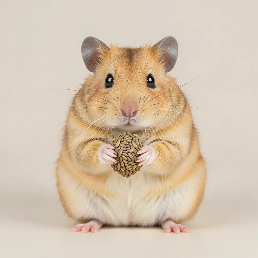 Fluffy golden hamster sitting upright holding a sunflower seed with both paws and round cheeks