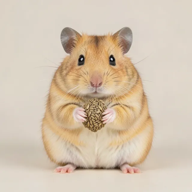 Fluffy golden hamster sitting upright holding a sunflower seed with both paws and round cheeks