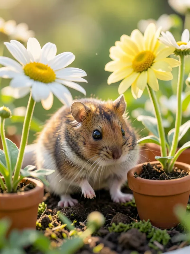 Cute hamster exploring a miniature garden with oversized daisies and terracotta pots