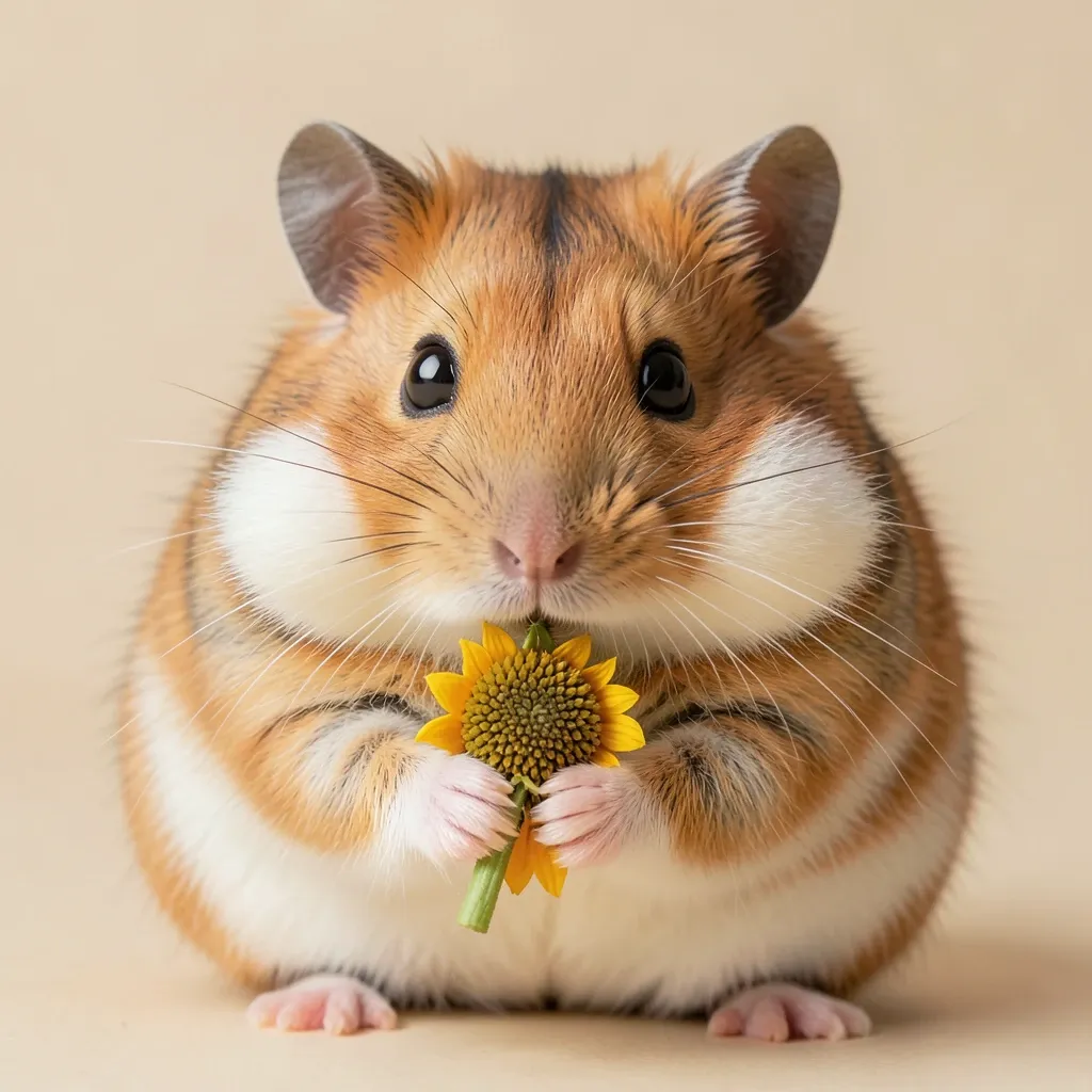 Cute fluffy hamster with puffed cheeks holding a sunflower seed against beige background