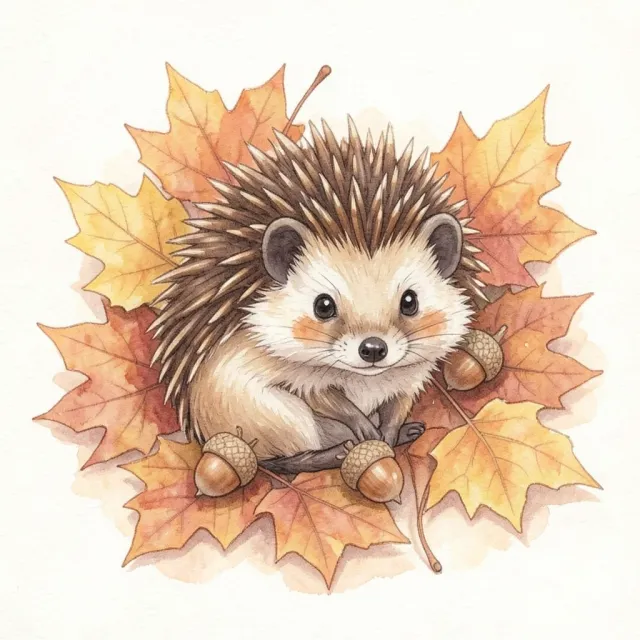Cute hedgehog curled among autumn maple leaves and acorns in soft watercolor style
