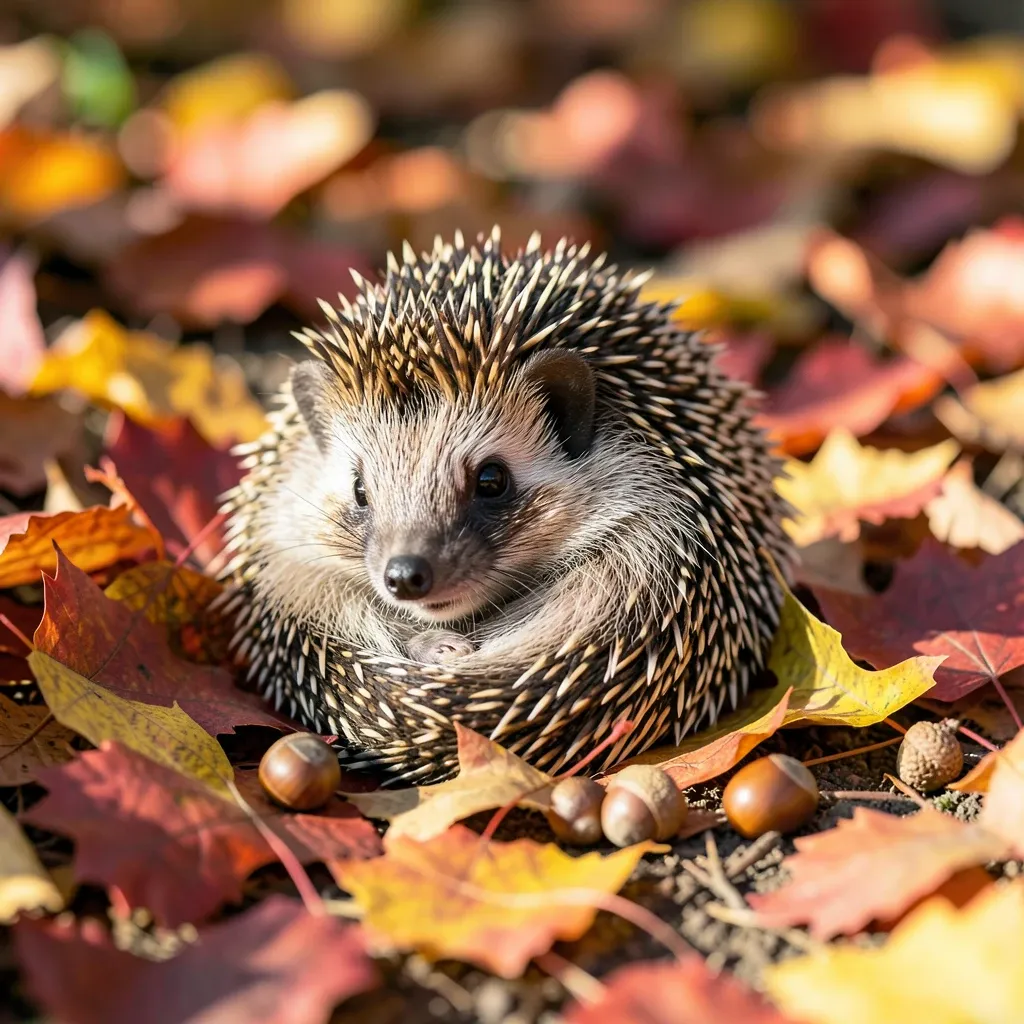 Tiny hedgehog curled into a ball among red, orange, and gold autumn leaves with acorns in dappled sunlight