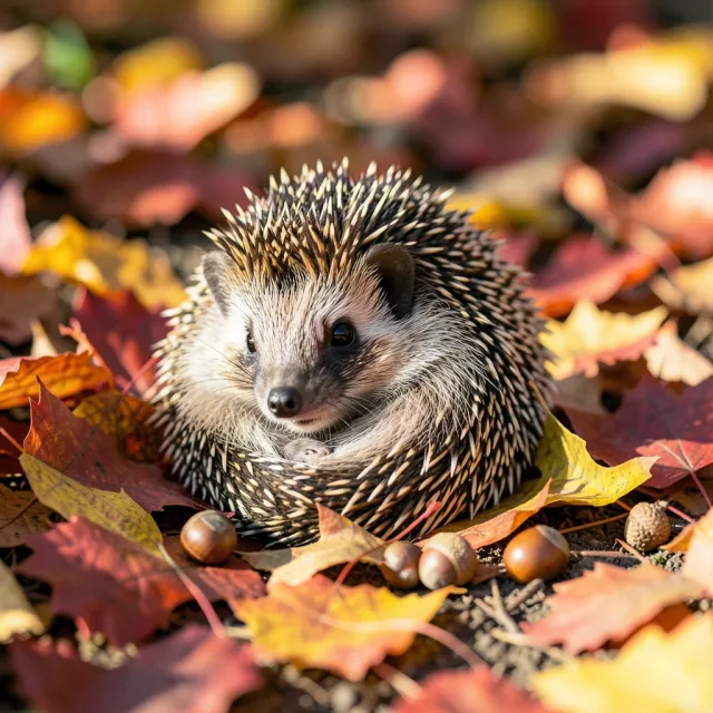 Tiny hedgehog curled into a ball among red, orange, and gold autumn leaves with acorns in dappled sunlight
