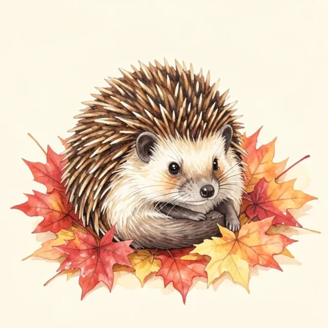 Cute hedgehog curled up among red and orange autumn leaves in soft watercolor style