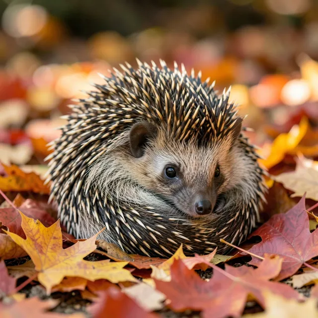Small hedgehog curled into a ball among orange and red maple leaves with tiny nose peeking out