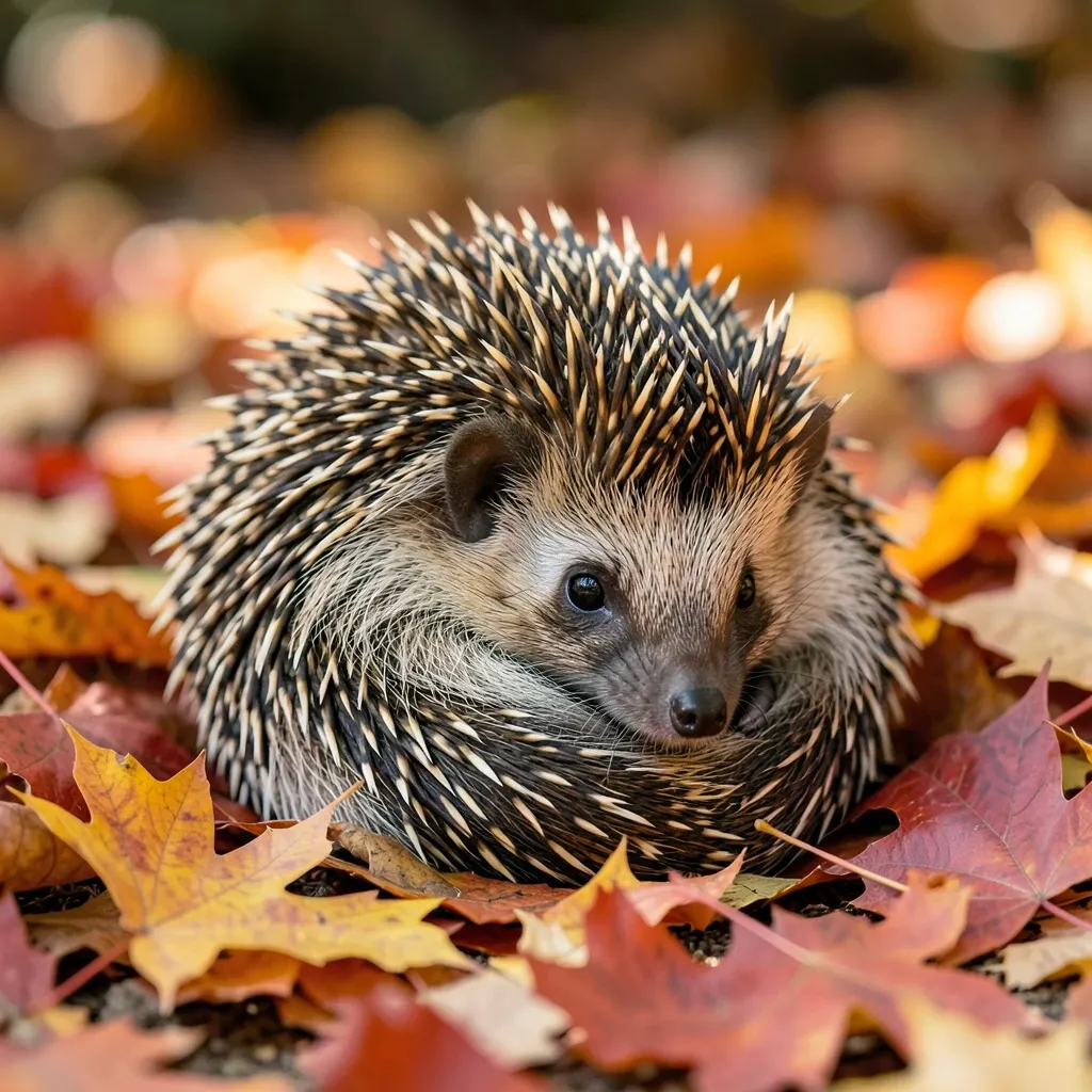 Small hedgehog curled into a ball among orange and red maple leaves with tiny nose peeking out