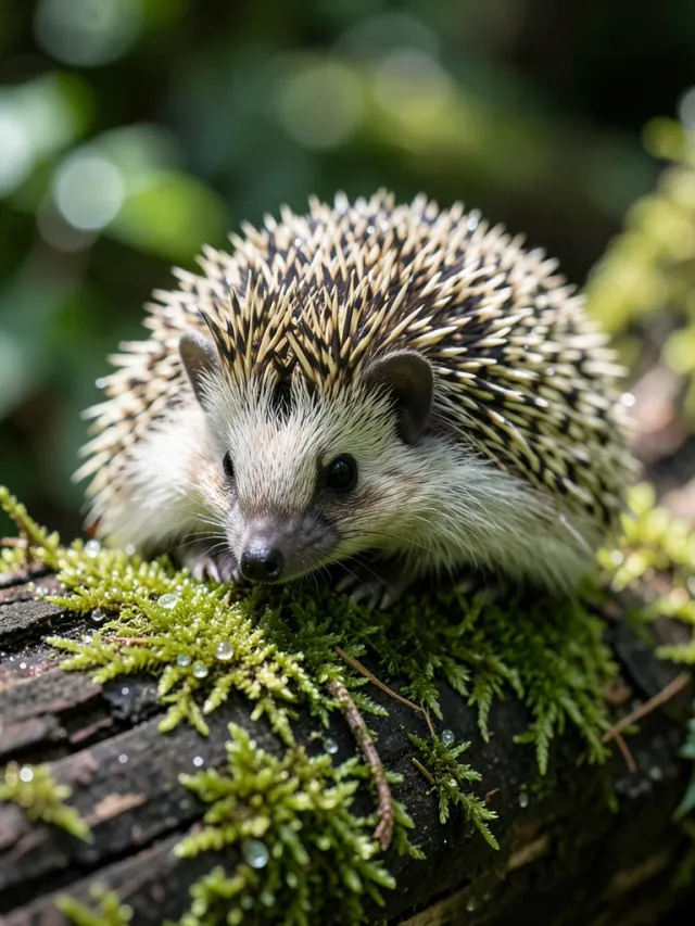Cute hedgehog curled on a mossy forest log with dewdrops and dappled sunlight