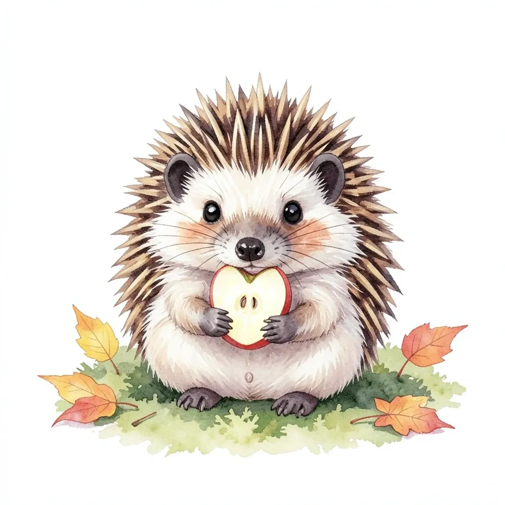 Tiny cute hedgehog holding a small apple slice on mossy ground with autumn leaves in watercolor style
