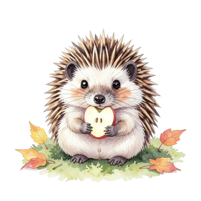 Tiny cute hedgehog holding a small apple slice on mossy ground with autumn leaves in watercolor style