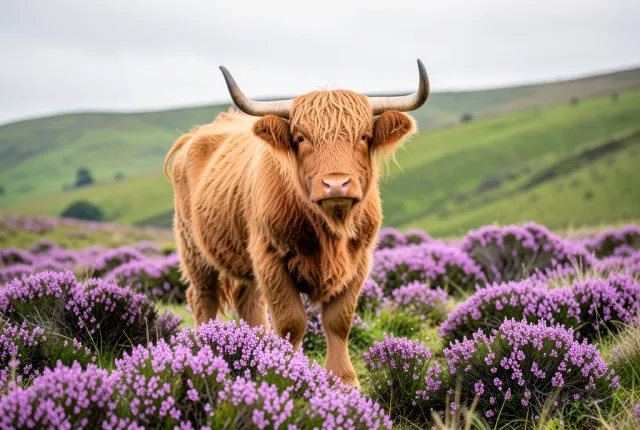 Fluffy brown highland cow with long hair and curved horns standing in blooming purple heather