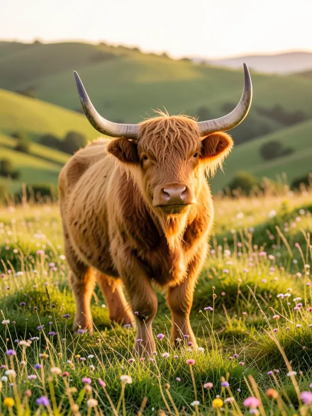 Shaggy ginger highland cow with long horns standing in a wildflower meadow at golden hour