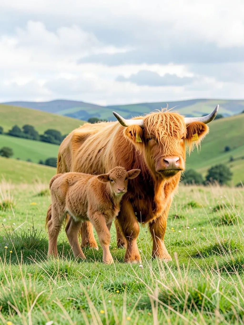 Shaggy ginger highland cow standing beside a tiny calf in a green meadow with rolling hills