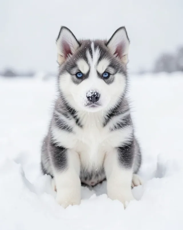 Fluffy Siberian husky puppy sitting in fresh snow with blue eyes and snowflakes on its nose