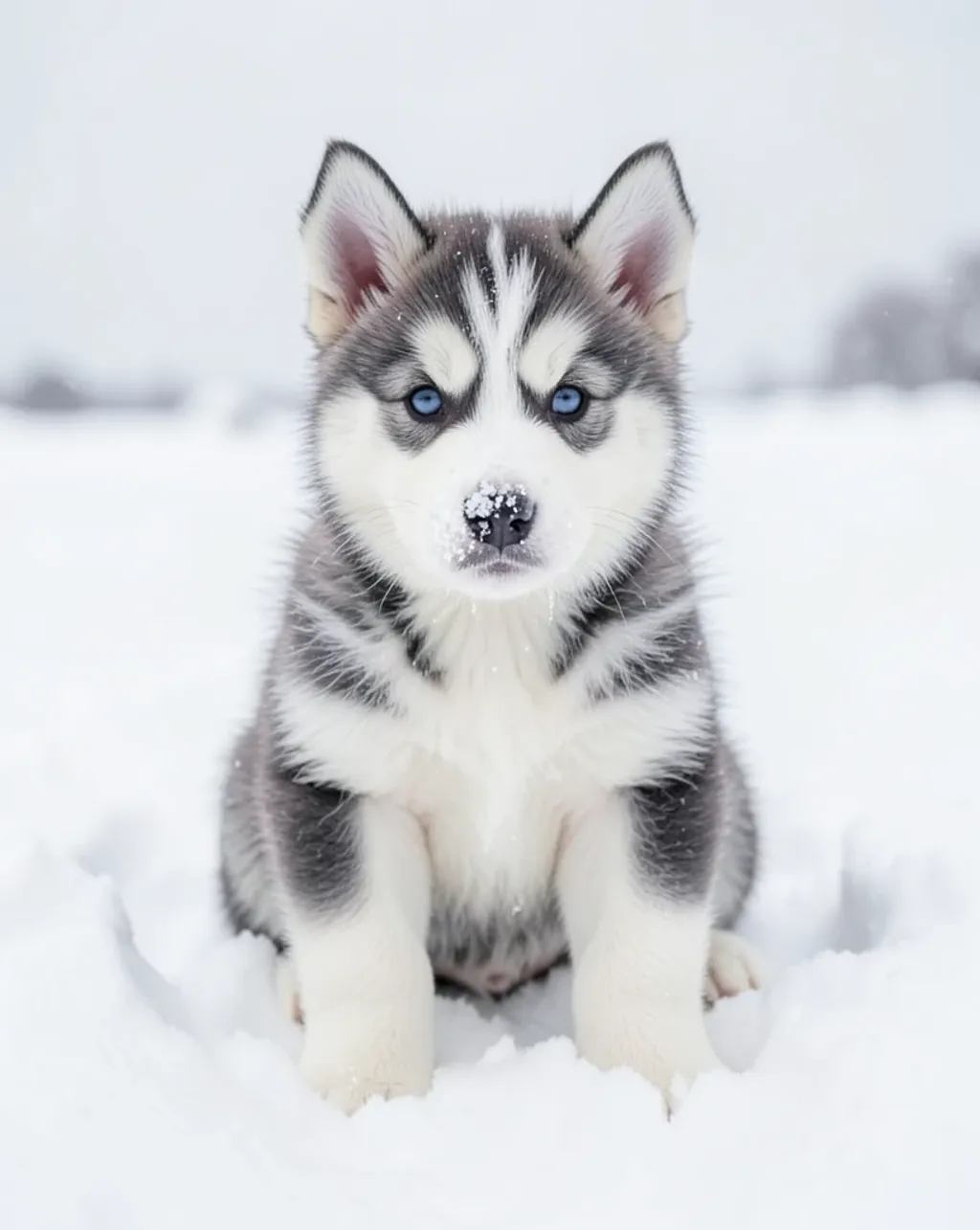 Fluffy Siberian husky puppy sitting in fresh snow with blue eyes and snowflakes on its nose