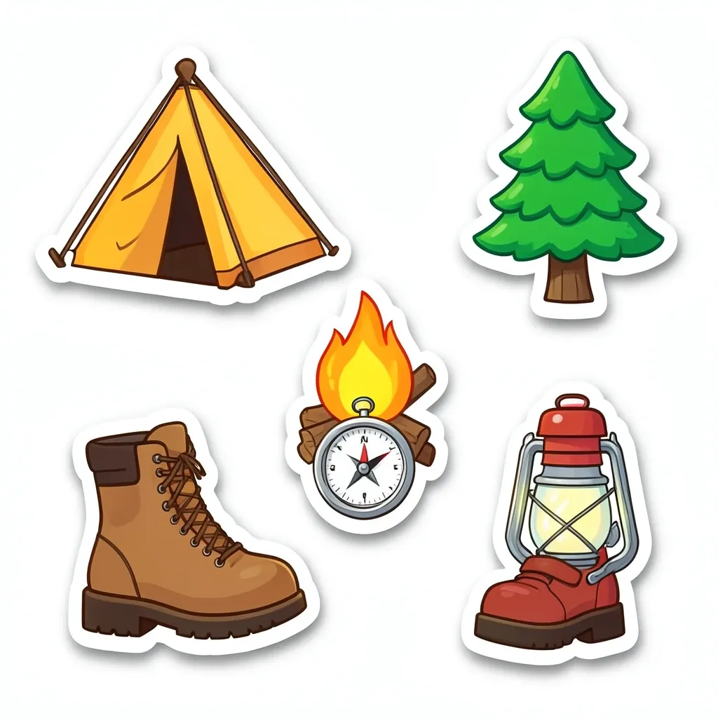 Cute kawaii camping sticker set with tent, campfire, backpack, and lantern icons with white borders