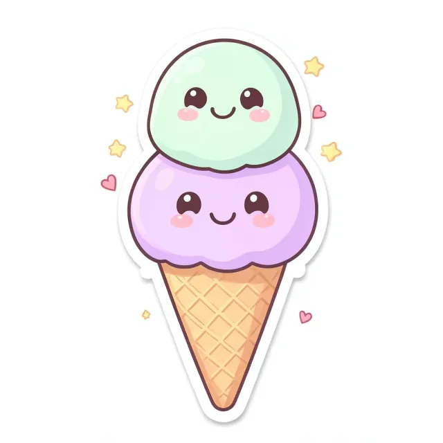Cute triple-scoop ice cream cone with smiling faces in pastel pink, mint, and lavender as a sticker illustration