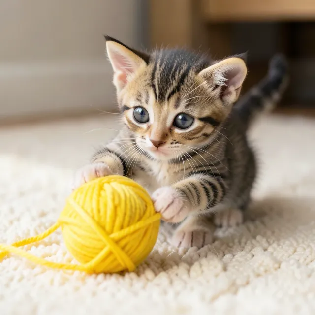 Tiny tabby kitten batting at a ball of yellow yarn on a soft rug with wide curious eyes