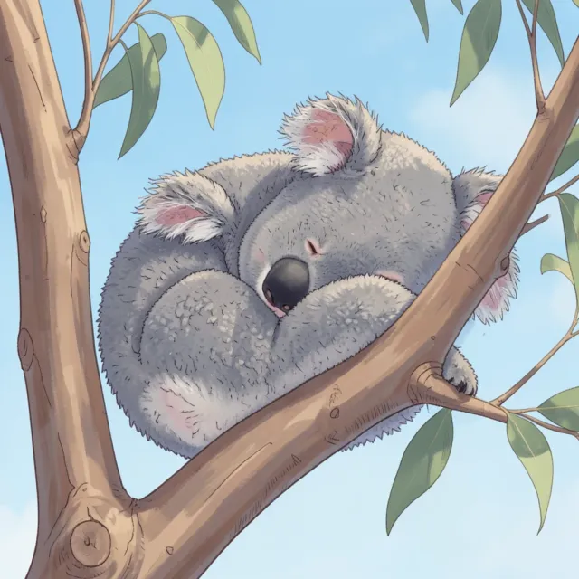 Cute fluffy grey koala sleeping curled up on a eucalyptus branch with soft blue sky