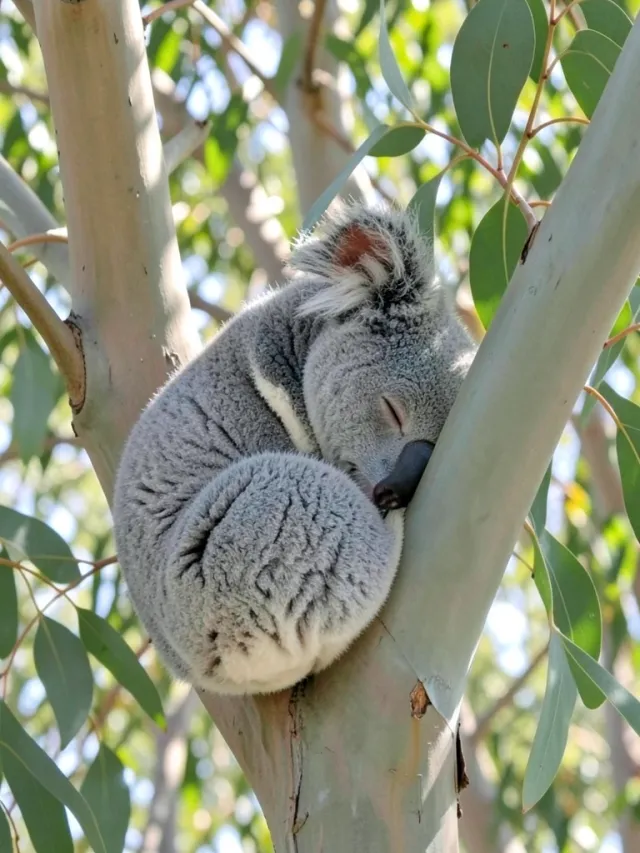 Fluffy grey koala curled asleep in a eucalyptus tree fork with soft green leaves and dappled sunlight