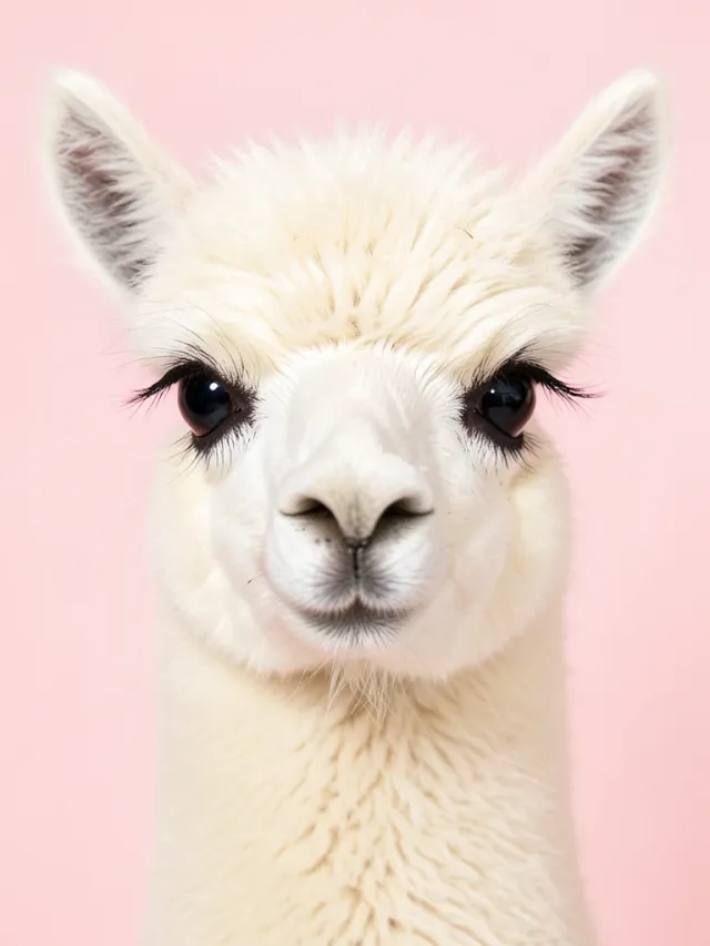 Cute fluffy cream alpaca portrait with big dark eyes on a soft pastel pink background