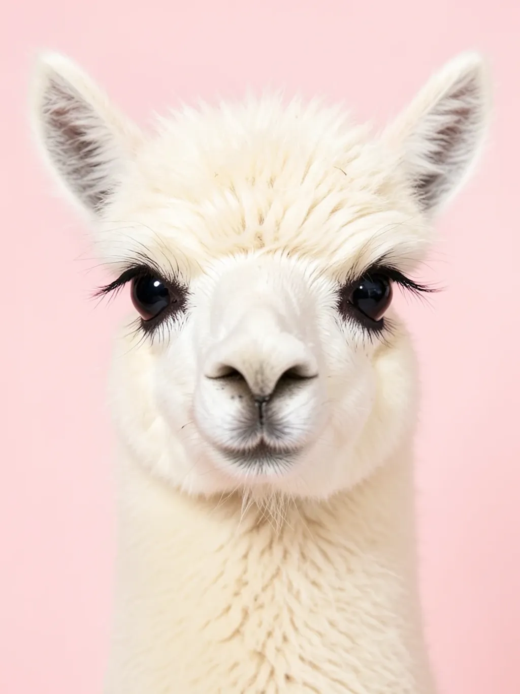 Cute fluffy cream alpaca portrait with big dark eyes on a soft pastel pink background