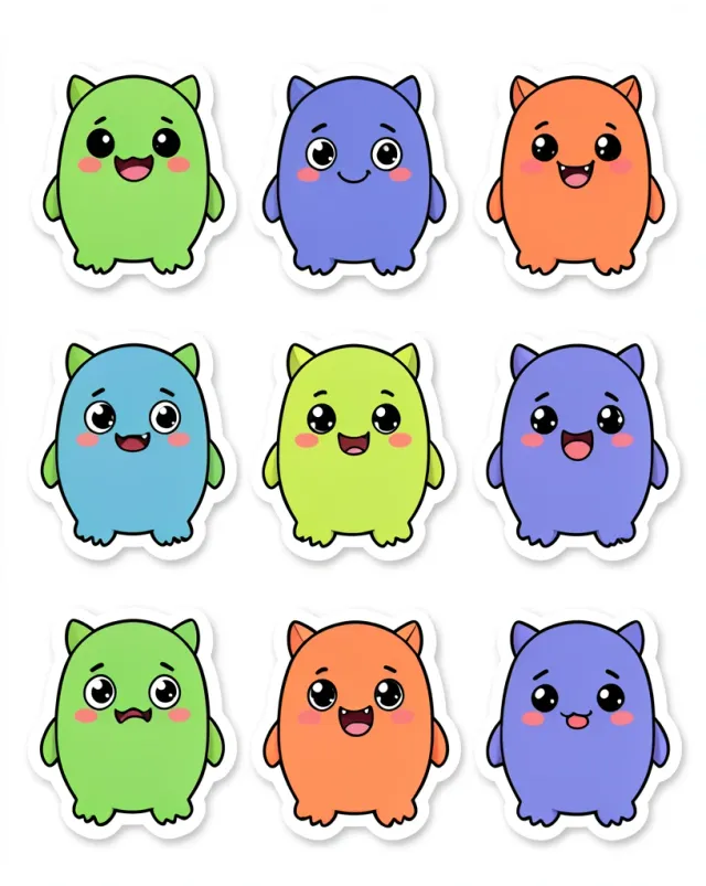 Cute monster sticker set with six friendly creatures in bright flat colors
