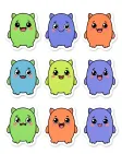 Cute monster sticker set with six friendly creatures in bright flat colors