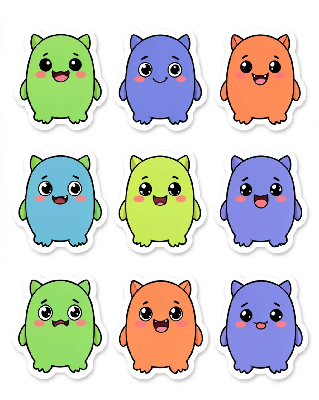 Cute monster sticker set with six friendly creatures in bright flat colors