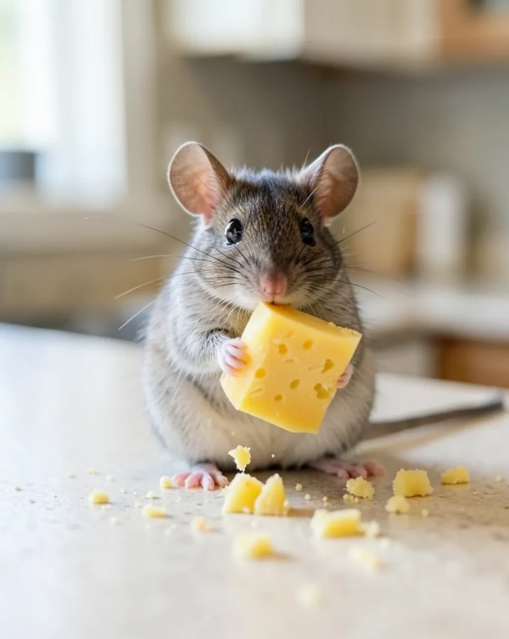 Tiny grey mouse holding a wedge of yellow cheese on a kitchen counter with soft natural light