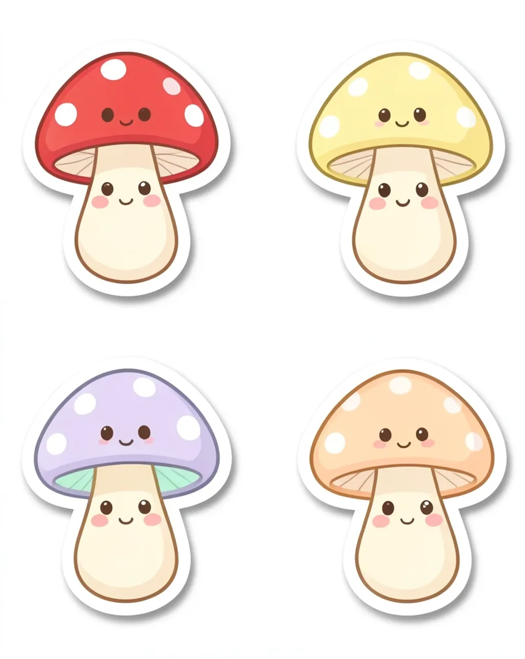 Sheet of six plump cartoon mushrooms with colourful caps and happy faces, thick white die-cut sticker borders
