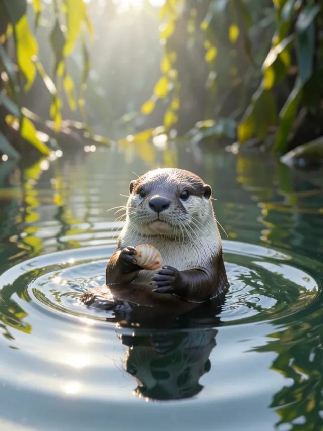 Cute sea otter floating on its back holding a shell with kelp forest and sunlight in the water