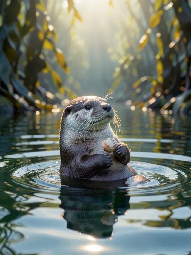 Cute sea otter floating on its back holding a shell with kelp forest and sunlight in the water