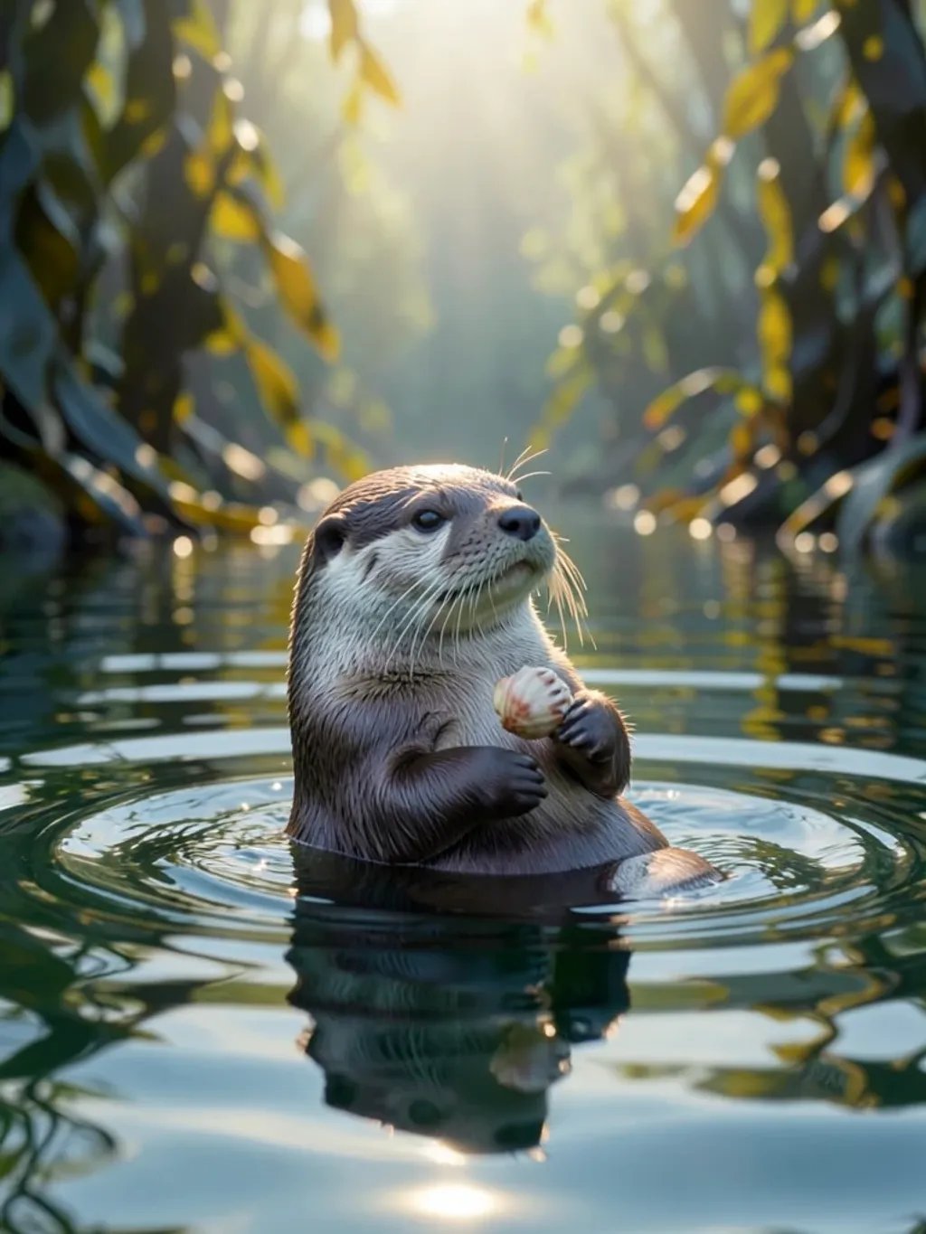 Cute sea otter floating on its back holding a shell with kelp forest and sunlight in the water