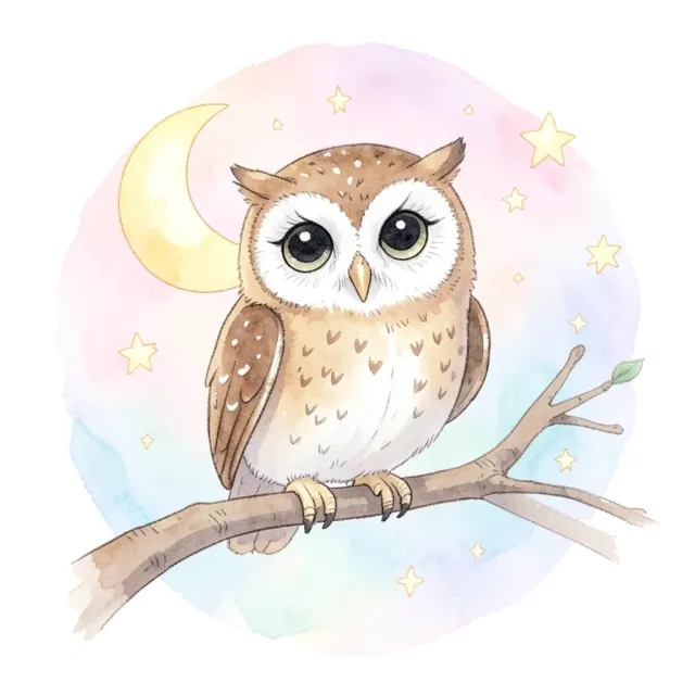 Cute sleepy owl with big round eyes perched on a branch in soft watercolor with moon and stars