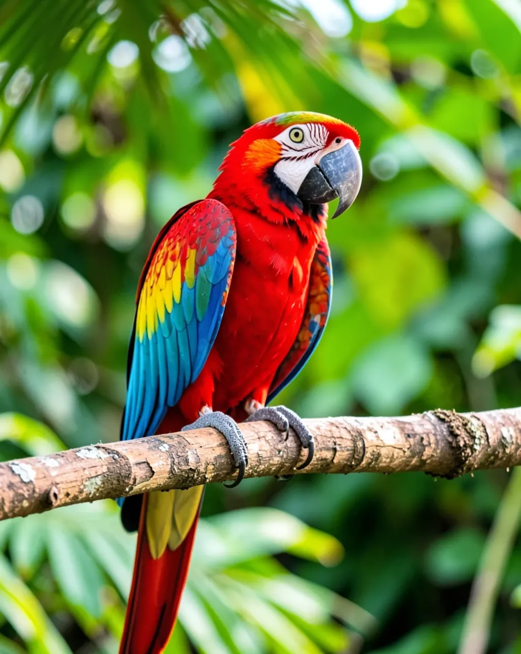 Colorful macaw parrot with red, blue, and yellow feathers perched on a tropical branch