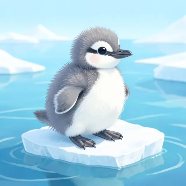 Cute fluffy grey and white penguin chick standing on a small ice floe with blue water