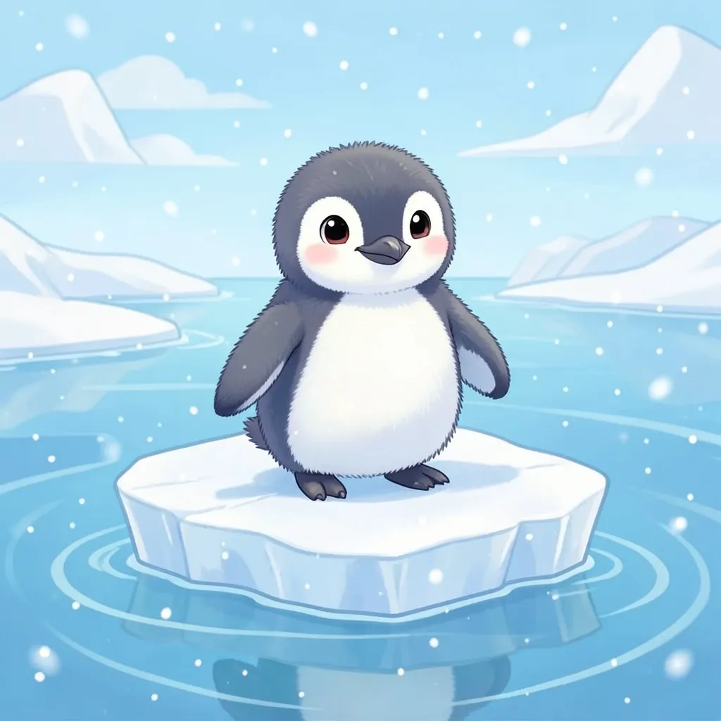 Cute fluffy penguin chick standing on a small iceberg in blue arctic water with falling snow